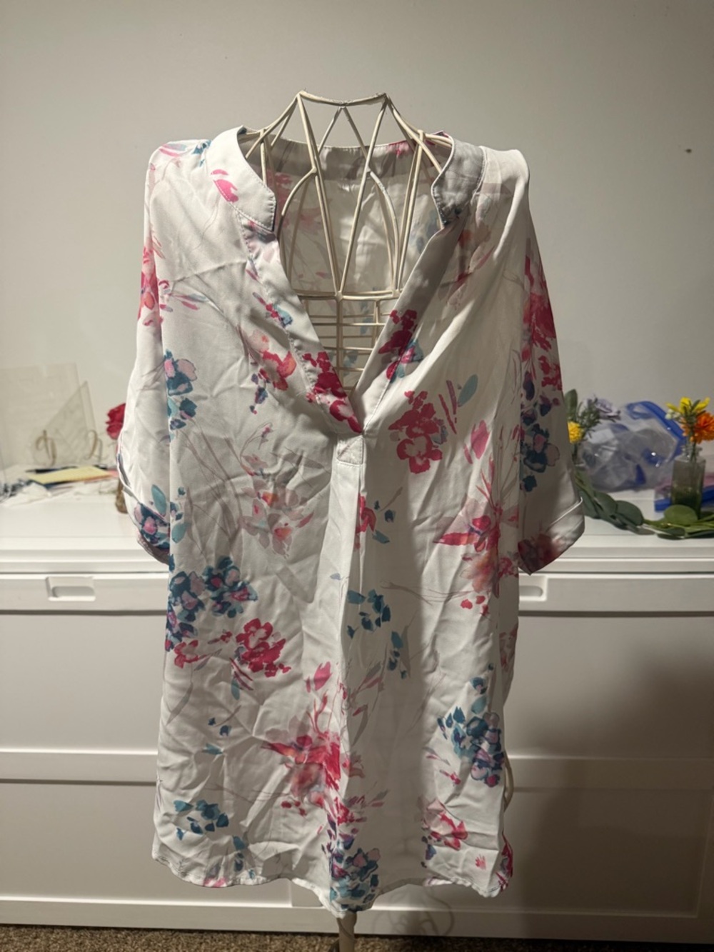Floral V-Neck Blouse in White with Pink & Blue Floral Print